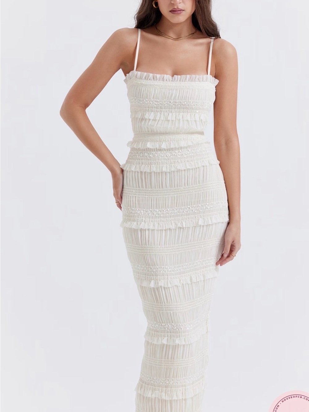 House of CB Cream Smocked Ruffle Maxi Dress